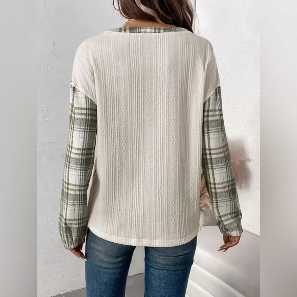 Cream and Plaid Long Sleeve Top- Perfee - Picture 2 of 8